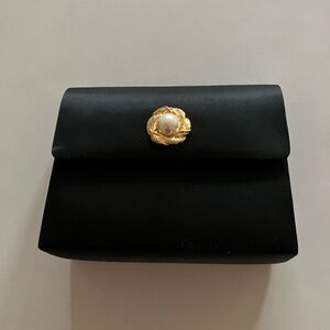 Black Satin Evening Clutch with Gold Pearl Accent by Vintage Partners/Mervyns.